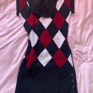 Argyle Patterned Sweater Dress - Black, Red, and White